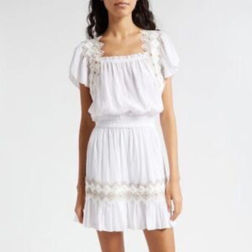 Ramy Brook Eyelet Trim Smocked Waist Mini Dress White Tan Boho Vacation Lrg NWT